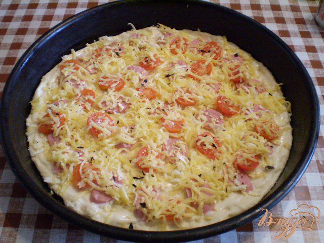 Фото приготовление рецепта: Пицца с помидорами черри и базиликом шаг №9