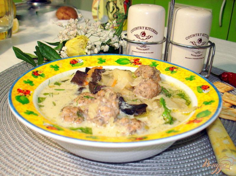 Фото приготовление рецепта: Суп с фрикадельками, грибами и капустой шаг №7