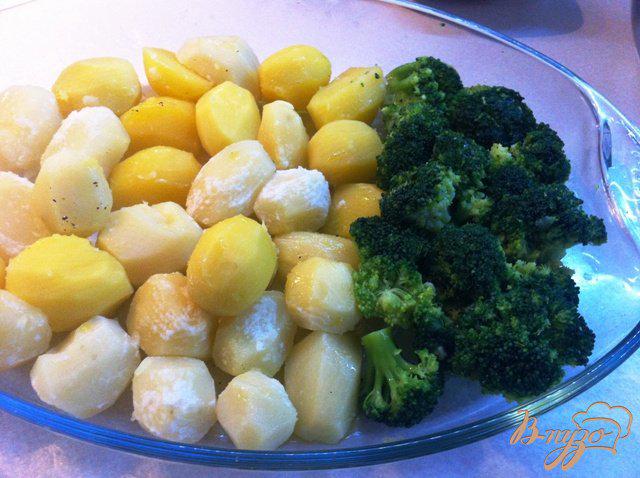 Фото приготовление рецепта: Куриные бедрышки запеченые с картофелем, белыми грибами и брокколи шаг №6