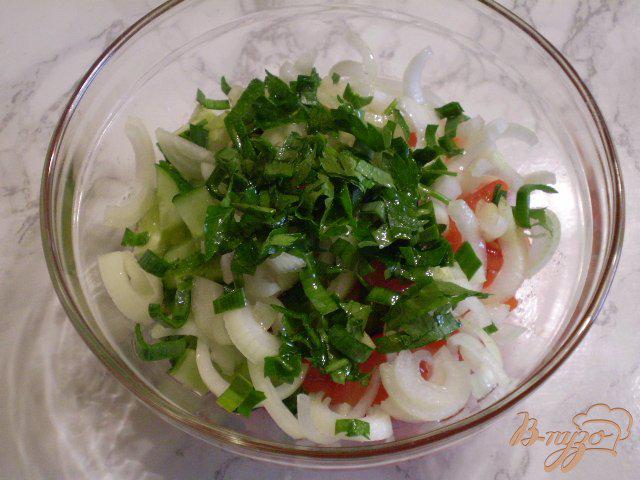 Фото приготовление рецепта: Летний салат с луком и чесноком шаг №6