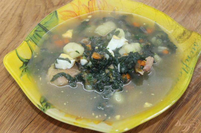 Фото приготовление рецепта: Суп с щавелем и крапивой на курином бульоне шаг №9
