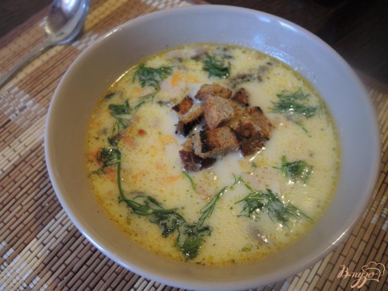 Фото приготовление рецепта: Сырный суп с курицей и грибами шаг №15