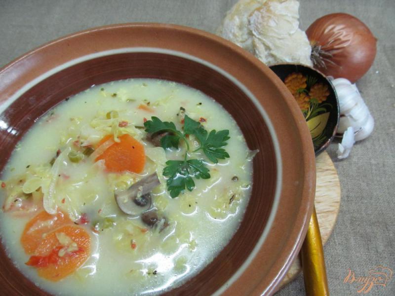 Фото приготовление рецепта: Легкий суп с капустой и грибами шаг №10