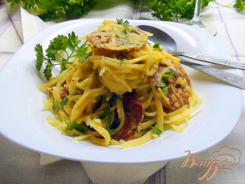 Спагетти с чоризо и жаренным яичным кремом. Спагетти с чоризо и жаренным яичным кремом.