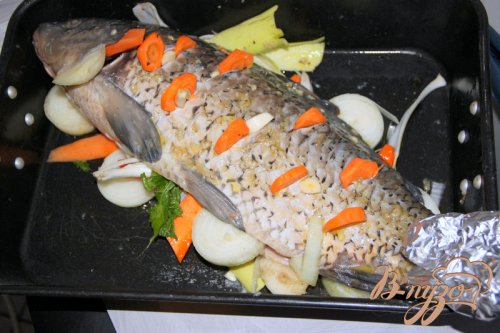 Карп, запечённый с овощами, в пиве Карп, запечённый с овощами, в пиве