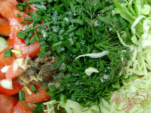 Салат с помидорами, огурцами и молодой капустой Салат с помидорами, огурцами и молодой капустой