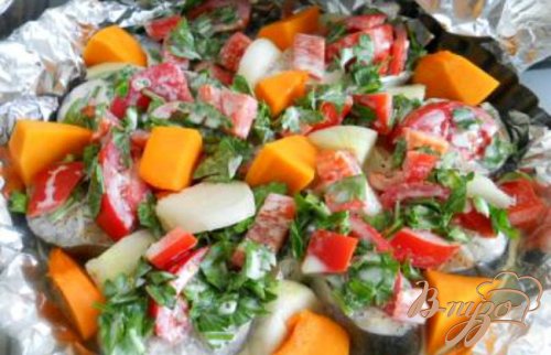 Рыба запеченная с овощами в сливках Рыба запеченная с овощами в сливках
