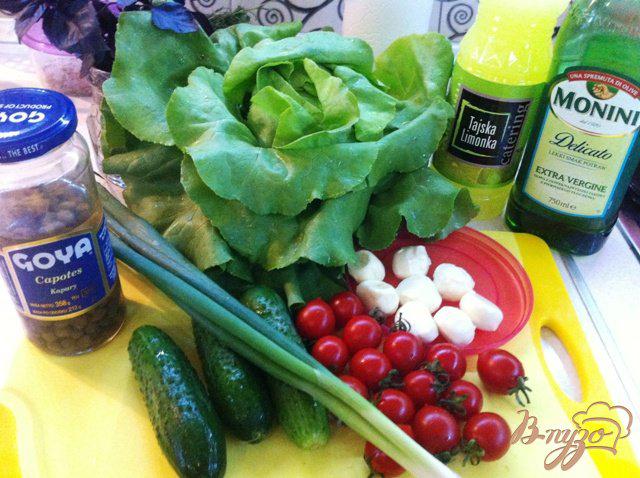 Фото приготовление рецепта: Зеленый салат с помидорами черри и моцареллой шаг №1