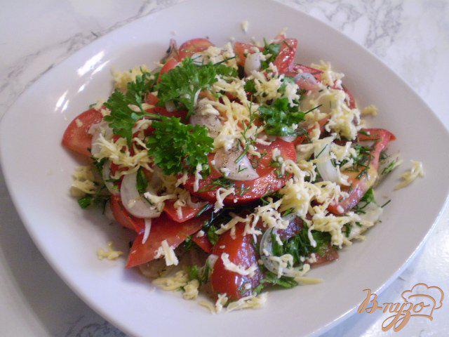 Фото приготовление рецепта: Помидорный салат с луком и сыром шаг №7