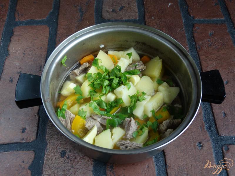 Фото приготовление рецепта: Говядина тушенная с картофелем и патиссонами шаг №7