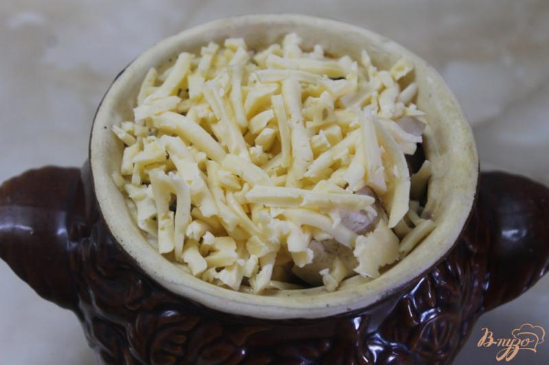 Фото приготовление рецепта: Деруны с мясом и грибами под сыром в горшочке шаг №8