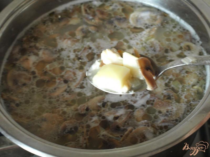 Фото приготовление рецепта: Грибной суп с плавленым сыром шаг №4