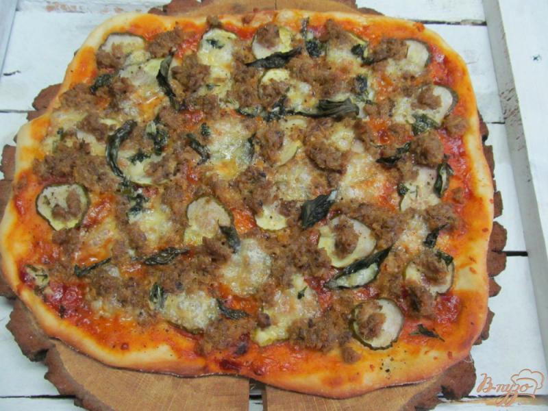Фото приготовление рецепта: Пицца со свининой моцареллой и базиликом шаг №10