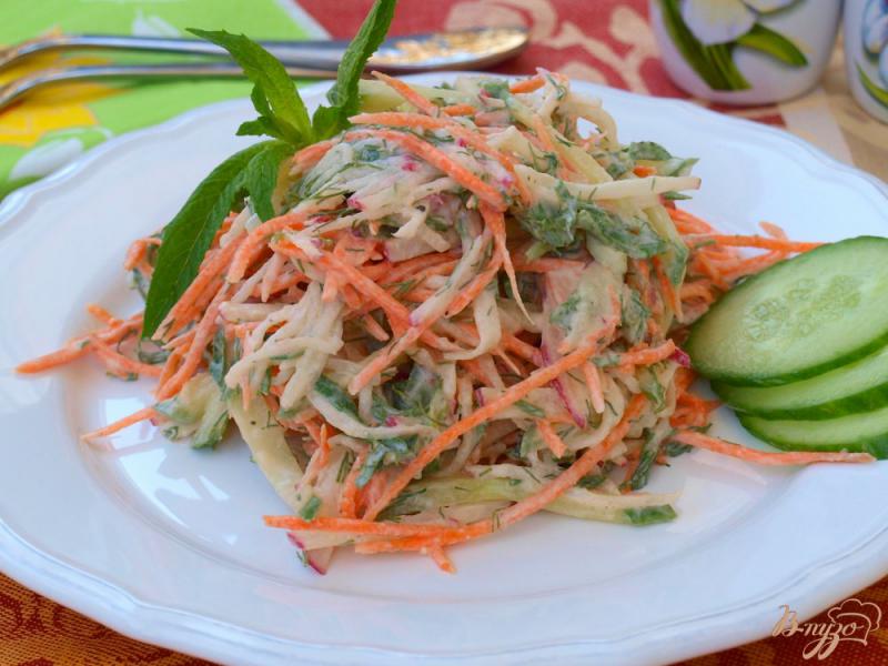 Фото приготовление рецепта: Овощной салат с редисом и сырой морковью шаг №4