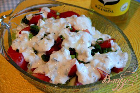 Фото приготовление рецепта: Салат из летних овощей с пикантной творожно-йогуртовой заправкой шаг №5