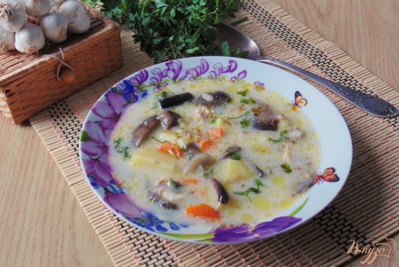 Фото приготовление рецепта: Гречневый суп с опятами и сливками шаг №9