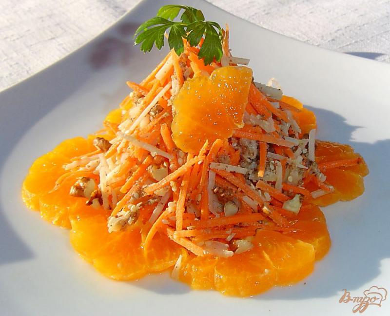 Фото приготовление рецепта: Салат из яблок, моркови, мандарин и орехов шаг №6