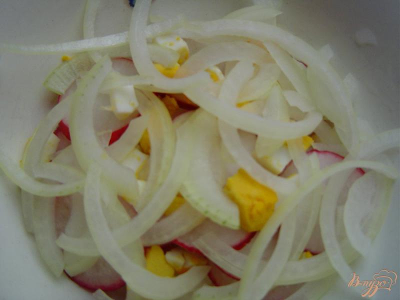 Фото приготовление рецепта: Салат из редиса,лука и яиц шаг №3