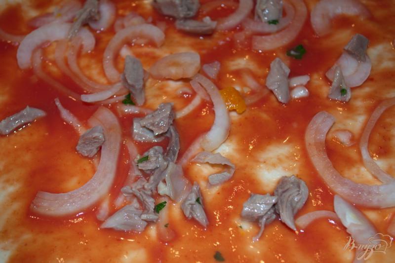 Фото приготовление рецепта: Неклассическая пицца с луком, индейкой и колбасой шаг №3