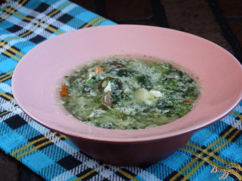 Фото приготовление рецепта: Суп со шпинатом и опятами шаг №8