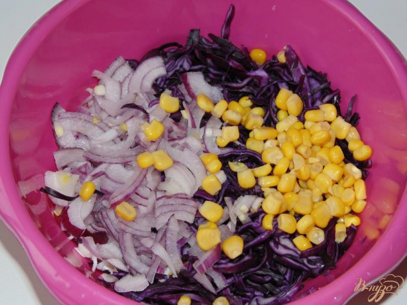 Фото приготовление рецепта: Салат из красной капусты с красным луком и кукурузой шаг №3