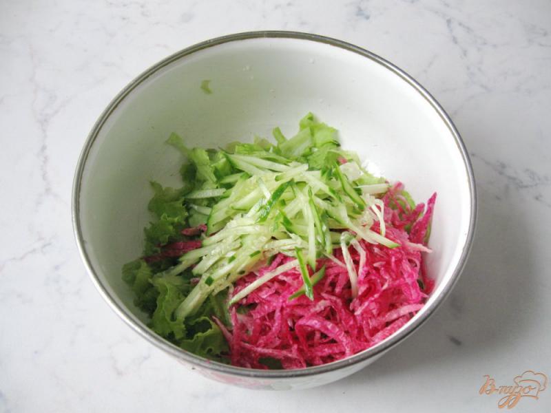 Фото приготовление рецепта: Салат из  редьки с помидорами и огурцами шаг №3