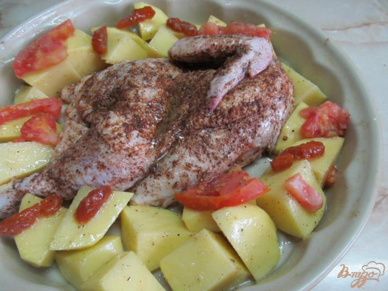 Фото приготовление рецепта: Курица запеченная в специях с картофелем и курагой шаг №4