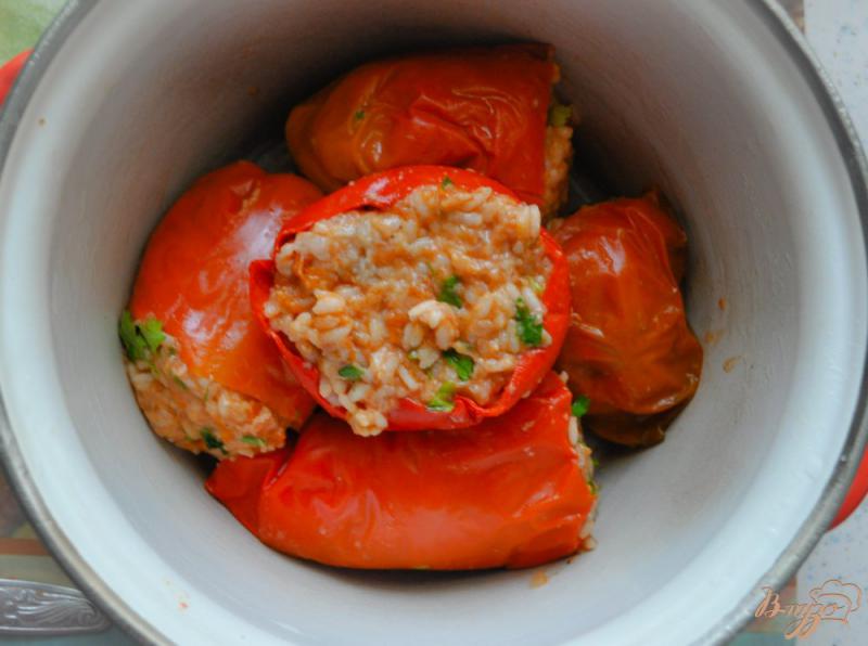 Фото приготовление рецепта: Фаршированные перцы с зеленью и чесночным соусом шаг №6