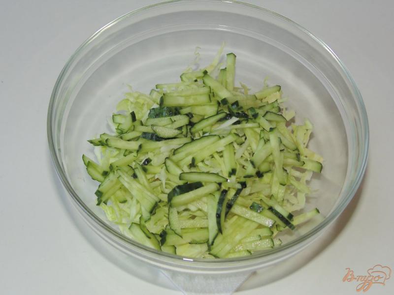 Фото приготовление рецепта: Салат из молодой капусты со свежим базиликом и огурцом шаг №2