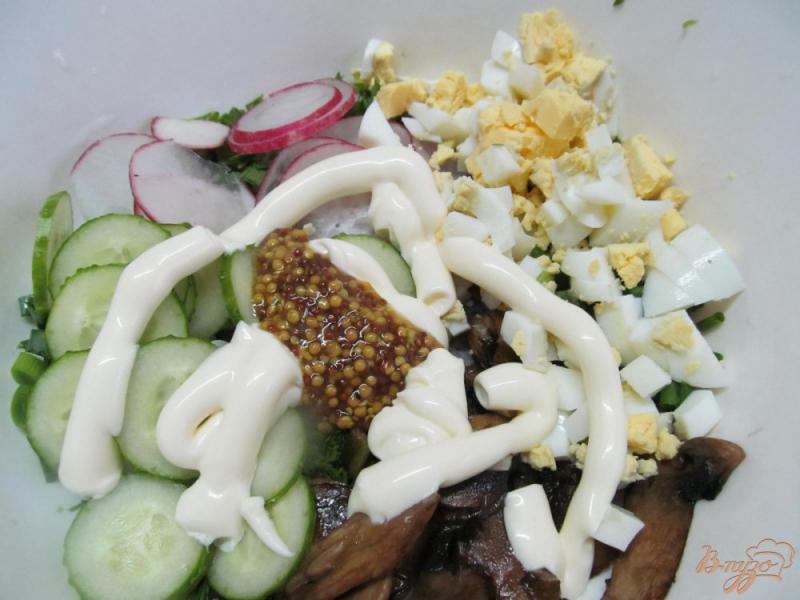 Фото приготовление рецепта: Салат из жаренных грибов редиса и огурца шаг №5