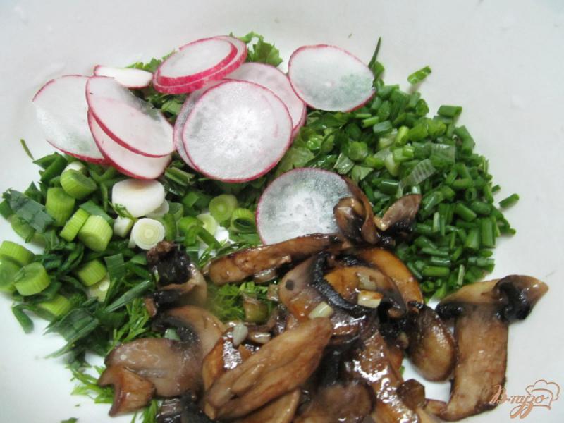 Фото приготовление рецепта: Салат из жаренных грибов редиса и огурца шаг №3