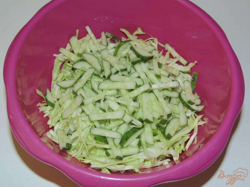Фото приготовление рецепта: Салат с копченой колбасой, капустой и свежим огурцом шаг №2