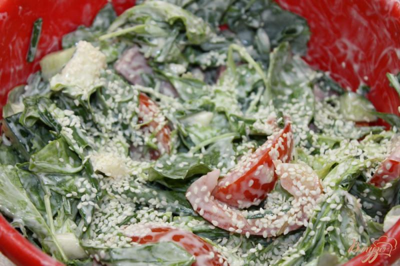 Фото приготовление рецепта: Салат с листьями, моцареллой и копченой колбасой шаг №6