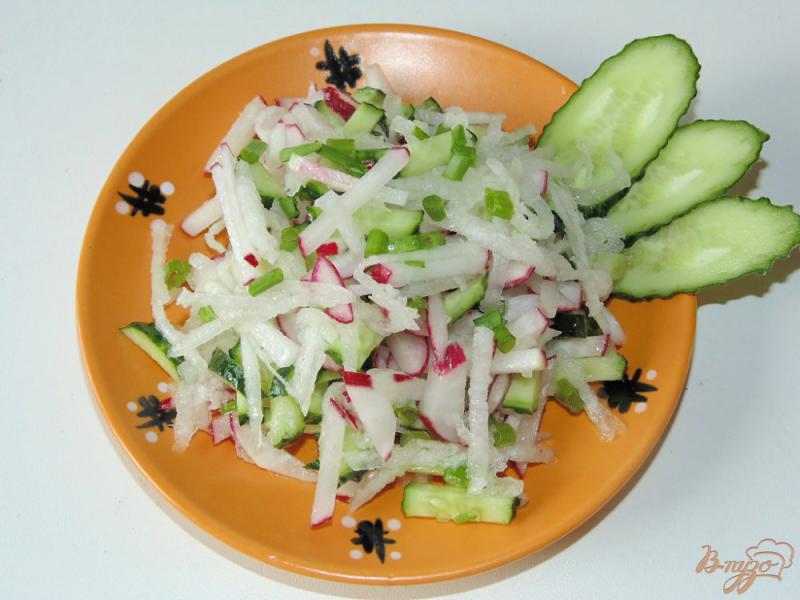 Фото приготовление рецепта: Салат из редиса, дайкона и свежего огурца шаг №5