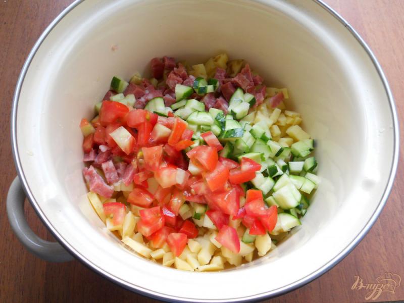 Фото приготовление рецепта: Окрошка с копченой колбасой и помидорами шаг №2