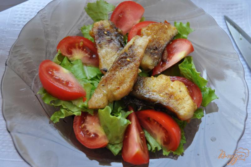Фото приготовление рецепта: Салат с рыбой, салатом и соевым соусом шаг №3