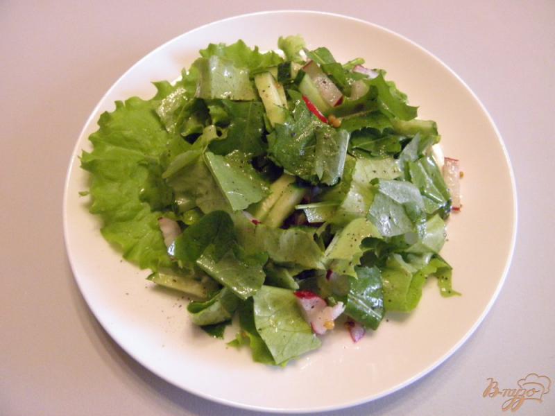 Фото приготовление рецепта: Салат из листьев одуванчика с редисом и огурцом шаг №5