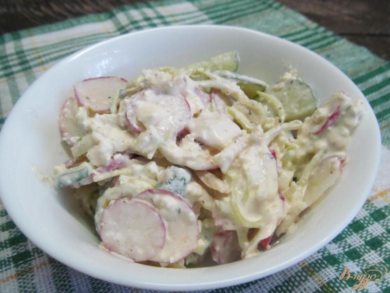 Фото приготовление рецепта: Салат из редиса с огурцом и творогом шаг №5