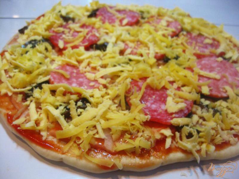 Фото приготовление рецепта: Пицца с колбасками салями шаг №10