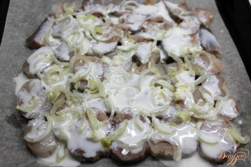 Фото приготовление рецепта: Хек с луком и йогуртом запеченный в духовке шаг №3