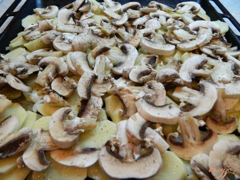 Фото приготовление рецепта: Картофель с грибами и сметаной запеченный в духовке шаг №6