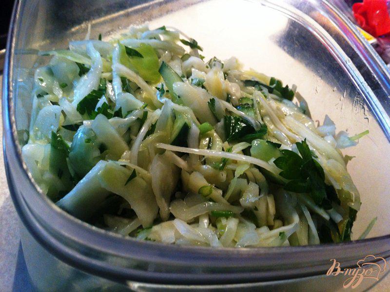 Фото приготовление рецепта: Салат из свежей капусты с огурцом и петрушкой. шаг №4