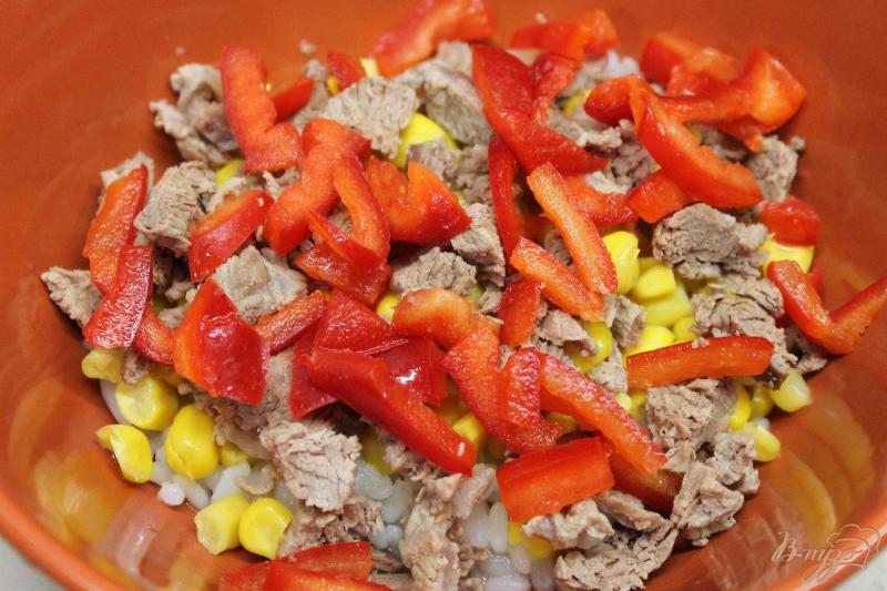 Фото приготовление рецепта: Рисовый салат с кукурузой, говядиной и перцем шаг №4