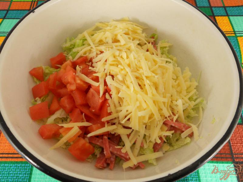 Фото приготовление рецепта: Салат из пекинской капусты с колбасой, помидорами и сыром шаг №2