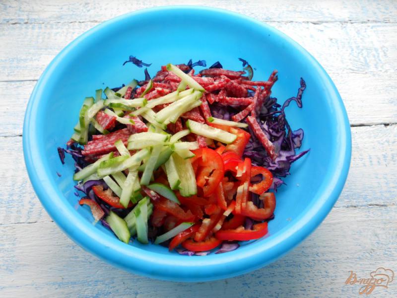 Фото приготовление рецепта: Салат из краснокочанной капусты с колбасой и свежим огурцом шаг №3