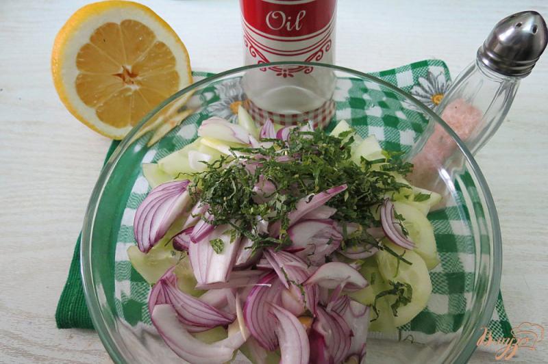 Фото приготовление рецепта: Салат из огурцов и мяты шаг №5