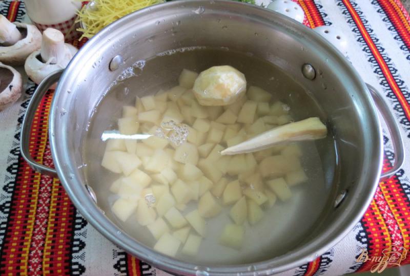 Фото приготовление рецепта: Суп с фрикадельками, шампиньонами и лапшой шаг №2