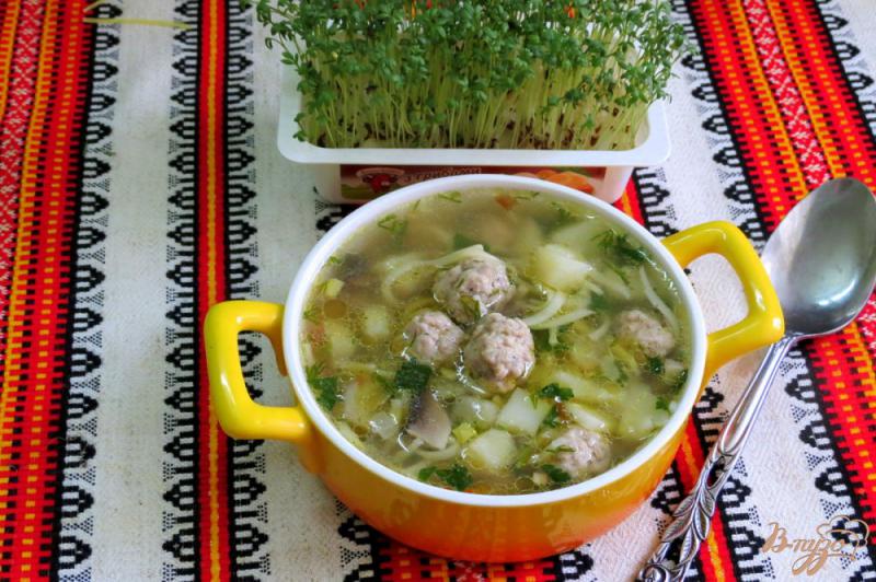 Фото приготовление рецепта: Суп с фрикадельками, шампиньонами и лапшой шаг №11