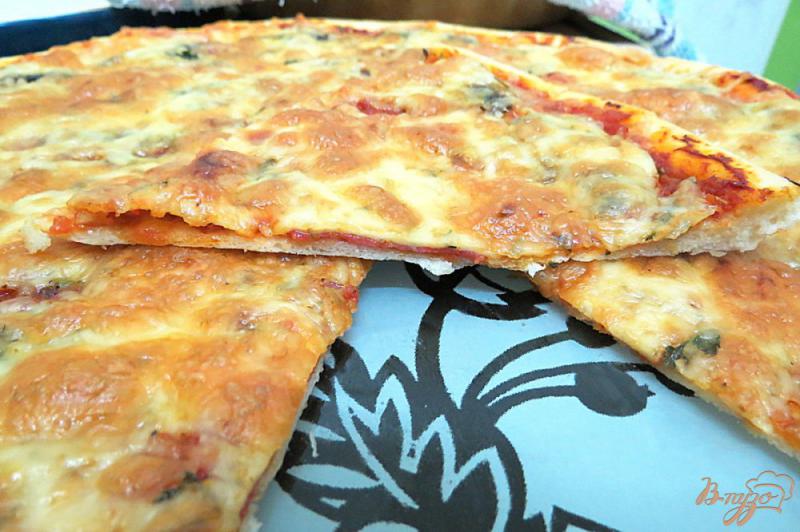 Фото приготовление рецепта: Тонкая пицца с салями и грибами. шаг №8