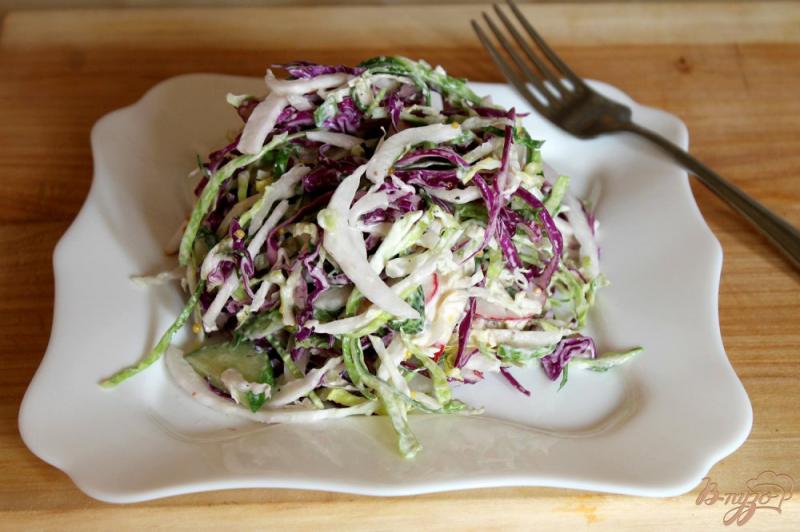 Фото приготовление рецепта: Капустный салат с редисом и огурцами шаг №6